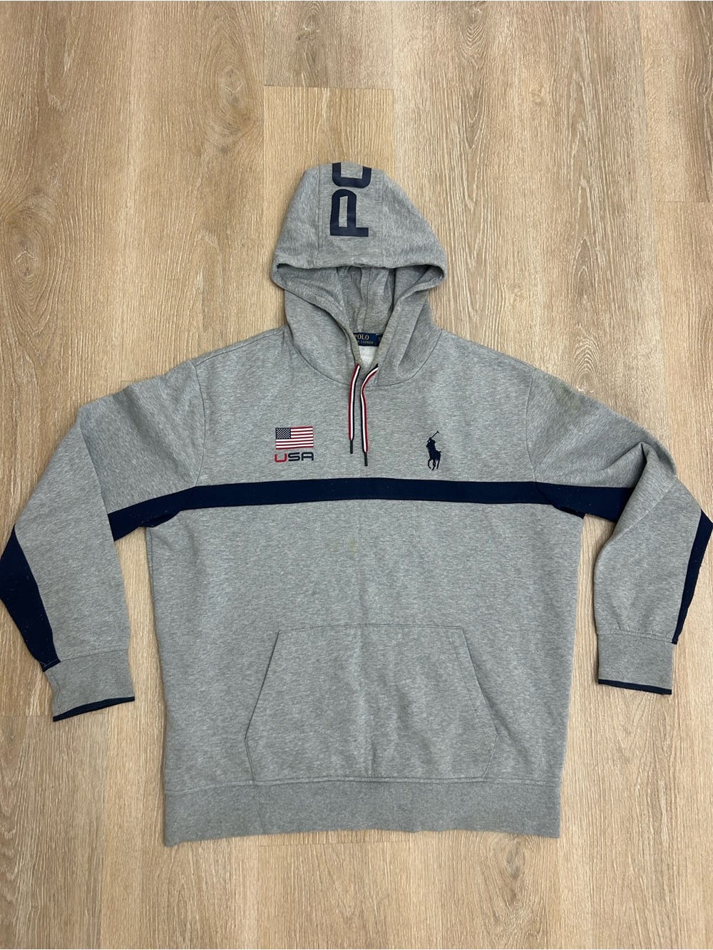 Polo Ralph Lauren USA Flag Blue & Gray Pullover Hoodie Men’s XXL Preowned Good
